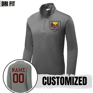 Grey unisex dri-fit quarter zip pullover with Stars script home plate graphic on left chest and customized name and number on back in maroon