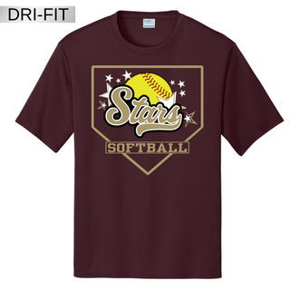 Maroon unisex dri-fit short sleeve performance top with Stars script softball home plate graphic in gold, white, and yellow