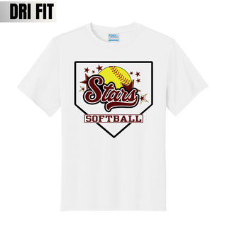 White unisex dri-fit short sleeve performance top with Stars script softball home plate graphic in maroon, gold, and yellow