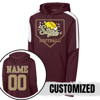 Maroon unisex Sport-Wick pullover hoodie with white contrast sleeves, Stars script home plate graphic on front, and customized name and number on back in gold