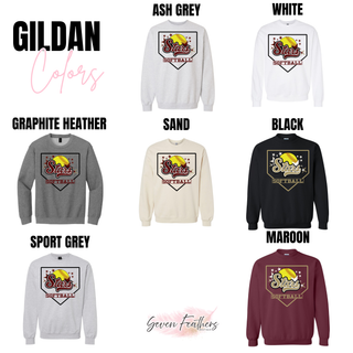 Stars Script home plate design on Gildan crewneck sweatshirts shown in ash grey, white, graphite heather, sand, black, sport grey, and maroon