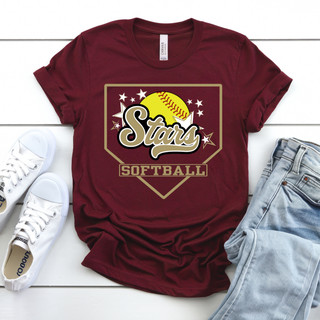 Maroon unisex short sleeve tee with Stars script softball home plate graphic, flat lay styled with white sneakers and jeans