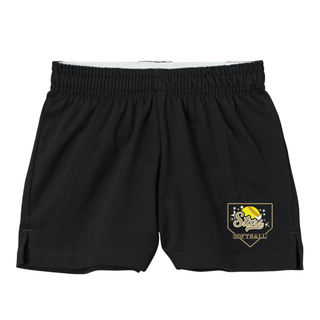 Black jersey knit squad short with Stars script softball home plate graphic in gold and white on left leg
