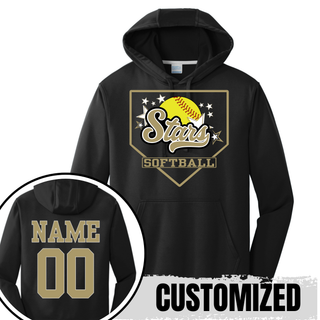 Black unisex performance fleece pullover hoodie with Stars script home plate graphic on front and customized name and number on back in gold