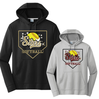 Black and silver unisex performance fleece pullover hoodies with Stars script softball home plate graphic in gold and maroon