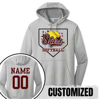 Silver unisex performance fleece pullover hoodie with Stars script home plate graphic on front and customized name and number on back in maroon