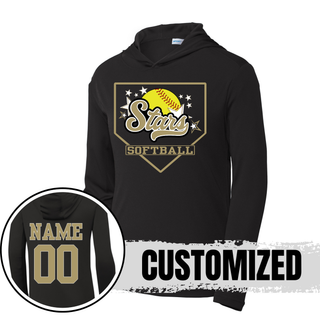 Black unisex PosiCharge Competitor pullover hoodie with Stars script home plate graphic on front and customized name and number on back in gold