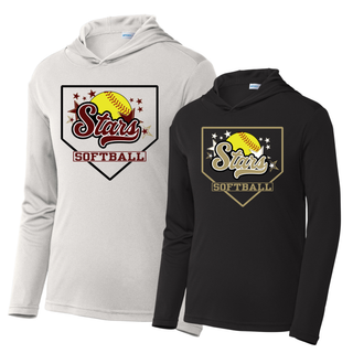 Silver and black unisex PosiCharge Competitor pullover hoodies with Stars script softball home plate graphic in maroon and gold