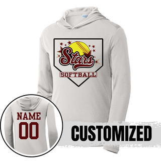 Silver unisex PosiCharge Competitor pullover hoodie with Stars script home plate graphic on front and customized name and number on back in maroon