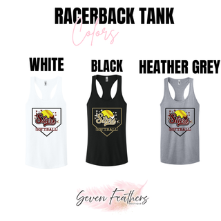 Stars Script home plate design on womens racerback tank tops shown in white, black, and heather grey