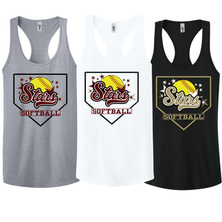 Heather grey, white, and black womens racerback tank tops with Stars script softball home plate graphic in maroon and gold