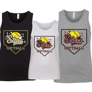 Black, white, and athletic heather youth jersey tank tops with Stars script softball home plate graphic in maroon and gold