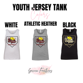 Stars Script home plate design on youth jersey tank tops shown in white, athletic heather, and black