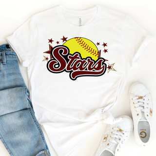 White Bella Canvas top styled flat lay with denim jeans and white sneakers featuring maroon gold and yellow SL Stars softball logo with yellow softball and maroon script Stars text surrounded by maroon and gold stars DTF print on cream background