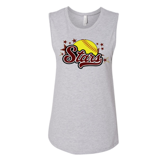 Athletic heather muscle tank top with SL Stars softball logo yellow ball maroon stars DTF print on white background