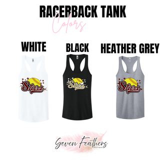 Racerback tank top color swatches in white black and heather grey with SL Stars Softball yellow softball and stars logo