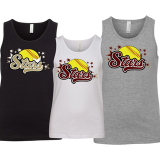Black white and athletic heather youth jersey tank tops with SL Stars Softball yellow softball script and stars logo on white background
