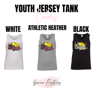Youth jersey tank top color swatches in white athletic heather and black with SL Stars Softball yellow softball and stars logo