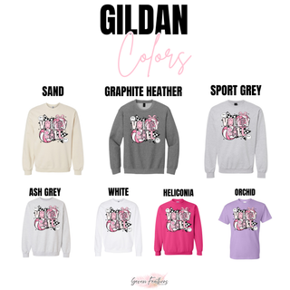Slay the Court Volleyball Gildan crewneck in sand, graphite heather, sport grey, ash grey, white, heliconia, and orchid
