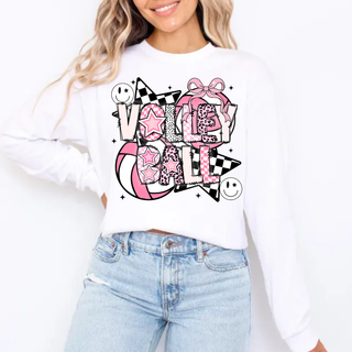 Slay the Court Volleyball Graphic Top white crewneck with retro pink Volleyball lettering, bows, stars, and checker design
