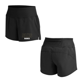 Black women's repeat shorts shown from front and back view with SLHS Dance graphic on front and back waistband pocket detail