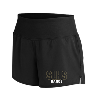 Black women's repeat shorts with gold outlined SLHS block letters and white Dance text graphic on lower left front