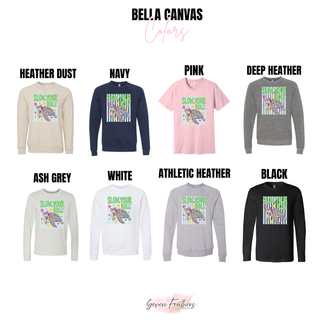 Bella Canvas chart for slow your roll turtle top in heather dust, navy, pink, deep heather, ash grey, white, athletic heather
