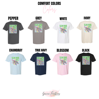 Comfort Colors tee chart for slow your roll turtle top in pepper, grey, white, ivory, chambray, true navy, blossom, black
