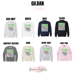 Gildan crewneck chart for slow your roll turtle top in ash grey, white, navy, black, graphite heather, sand, sport grey
