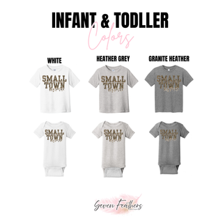 Small Town Big Pride Camo infant and toddler color chart White Heather Grey Granite Heather onesie and tee