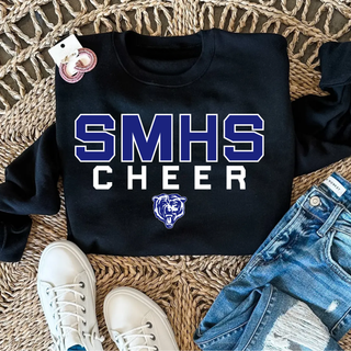 Black SMHS Bears Cheer Powerhouse crewneck sweatshirt with SMHS Cheer and bear mascot graphic styled flat lay
