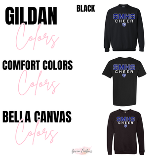 SMHS Bears Cheer Powerhouse in black showing Gildan crewneck, Comfort Colors tee, and Bella Canvas crewneck options
