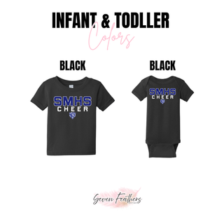 SMHS Bears Cheer Powerhouse infant tee and onesie in black with SMHS Cheer bear mascot graphic
