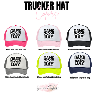 Soccer Game Day Checkered Trucker Hat color options: neon pink, cloud pink, deep black, deep smoke, neon yellow, and true navy