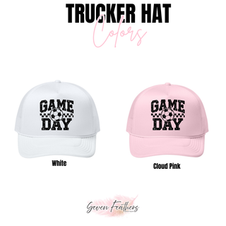 Soccer Game Day Checkered Trucker Hat color options: white and cloud pink solid