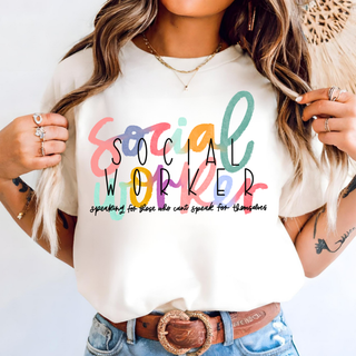 Social worker speaking for those who can't top with colorful social worker logo on model