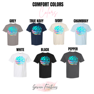Comfort Colors soft serve volleyball tee color options in grey, true navy, ivory, chambray, white, black, and pepper
