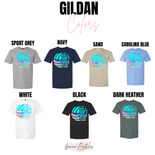 Gildan soft serve volleyball tee color options in sport grey, navy, sand, carolina blue, white, black, and dark heather
