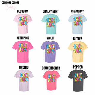 Comfort Colors short sleeve tee color chart showing softball doodle graphic tee in blossom, chalky mint, chambray, neon pink, violet, butter, orchid, crunchberry, and pepper