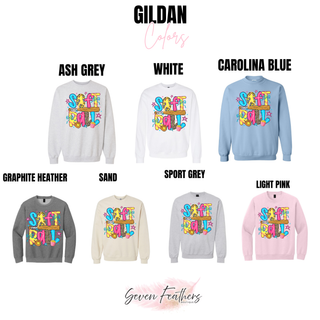 Gildan crewneck sweatshirt color chart showing softball doodle graphic top in ash grey, white, carolina blue, graphite heather, sand, sport grey, and light pink