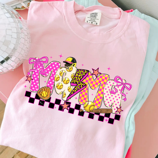 Comfort Colors blossom short sleeve top folded flat with colorful pink yellow and black checkered softball mama letter graphic with bows softballs bat and glove