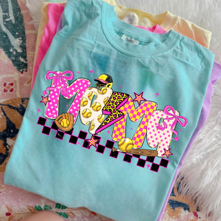 Comfort Colors chalky mint short sleeve top folded flat with colorful pink yellow and black checkered softball mama letter graphic with bows softballs bat and glove