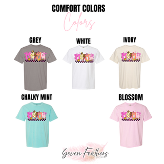 Comfort Colors short sleeve tee color chart showing softball mama checkered graphic top in grey, white, ivory, chalky mint, and blossom
