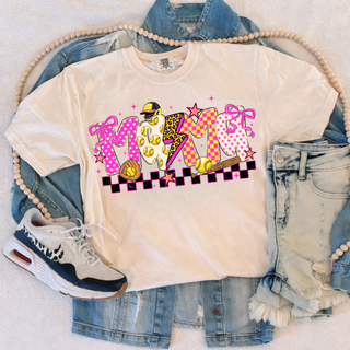 Comfort Colors white short sleeve top laid flat with colorful pink yellow and black checkered softball mama letter graphic with bows softballs bat and glove styled with jeans and sneakers