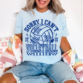 Model wearing light blue tee with SORRY I CAN'T IT IS VOLLEYBALL SEASON navy volleyball graphic front view