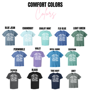 Comfort Colors tee Sorry I Can't Volleyball Season white ink in blue jean, chambray, chalky mint, flo blue, light green, periwinkle, violet, royal caribe, seafoam, pepper, black, true navy, grey
