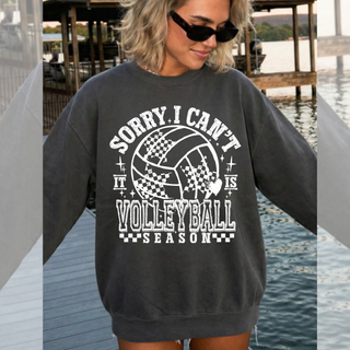 Model wearing pepper crewneck with SORRY I CAN'T IT IS VOLLEYBALL SEASON white ink volleyball graphic front view
