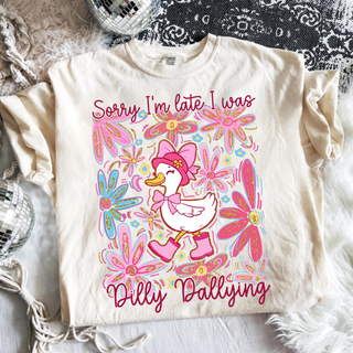Sorry I'm Late I Was Dilly Dallying graphic design with duck in pink boots and floral border on ivory fabric