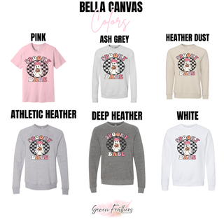 Spooky checkered babe top long sleeve and crewneck color options including pink ash grey heather dust athletic heather deep heather and white