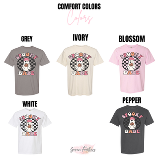 Spooky checkered babe top graphic tee color options including grey ivory blossom white and pepper